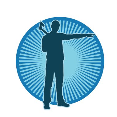 Geniş baltalı bir erkek oduncunun silueti. Elinde baltayla ayakta duran bir orman işçisinin silueti..