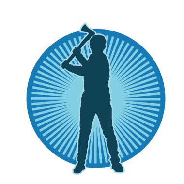 Balta sallayan bir erkek işçinin silueti. Balta sallayan bir orman oduncusunun silueti..