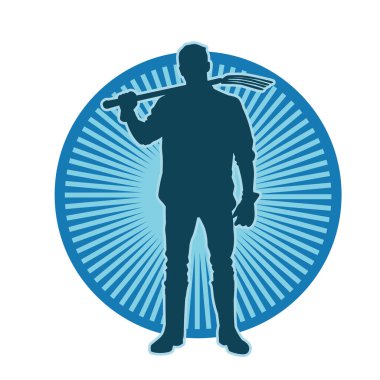 Elinde yaba tutan bir bahçıvanın silüeti. Çatal aletli bir inşaat işçisinin silueti..