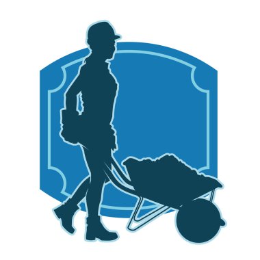 Bir kadın inşaat işçisinin silueti yürüyor ve bir el arabasını itiyor..