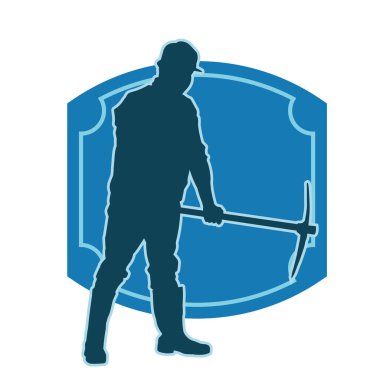 Mat aletini sallayan bir işçinin silüeti. Bir erkek işçinin silueti. Güvenlik kaskı takıyor. Elinde yemek baltası var..