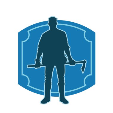 Kazma aleti sallayan bir işçinin silüeti. Bir erkek işçinin silueti. Güvenlik kaskı takıyor. Elinde yemek baltası var..