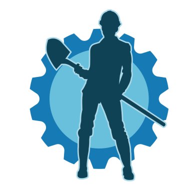 Elinde kürek aleti olan, miğfer takan bir kadın işçinin silüeti..