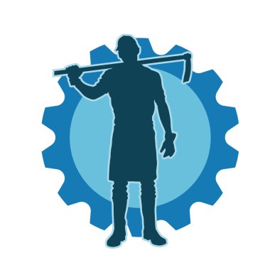 Kazma aleti sallayan bir işçinin silüeti. Bir erkek işçinin silueti. Güvenlik kaskı takıyor. Elinde yemek baltası var..