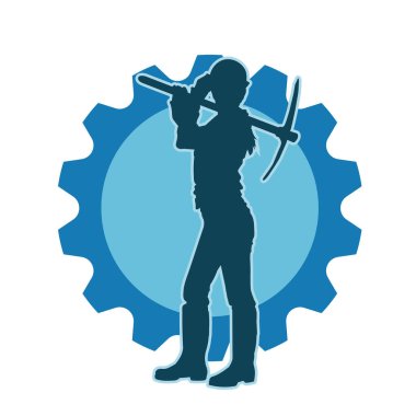 Mat aletini sallayan bir işçinin silüeti. Bir erkek işçinin silueti. Güvenlik kaskı takıyor. Elinde yemek baltası var..