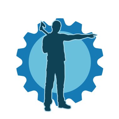 Bir erkek oduncunun silueti elinde baltayla ayakta duruyor..