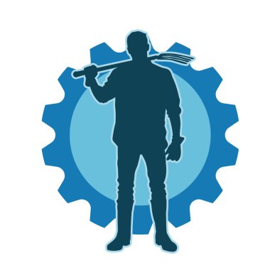 Elinde yaba tutan bir bahçıvanın silüeti. Çatal aletli bir inşaat işçisinin silueti..