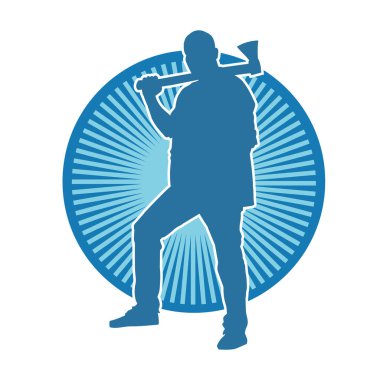 Balta taşıyan bir adamın silüeti. Balta taşıyan erkek bir oduncunun silueti..