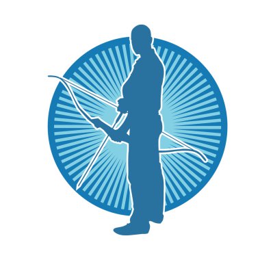 Hareketli erkek okçu savaşçısının silueti. Okçuluk silahı taşıyan bir adamın silueti..