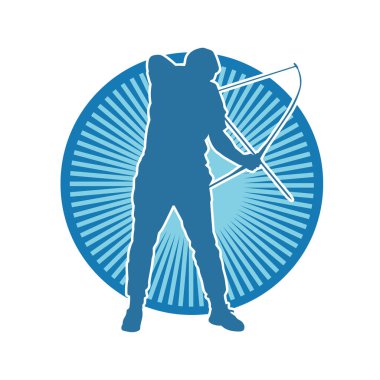 Hareketli erkek okçu savaşçısının silueti. Okçuluk silahı taşıyan bir adamın silueti..