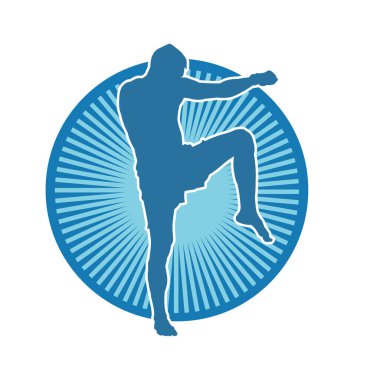 Hareketli erkek kickboksör atletinin silueti. Tekme atan bir adamın silueti..