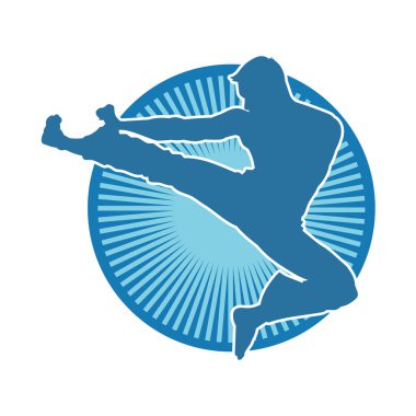 Dövüş sanatları pozu veren bir erkeğin silueti. Dövüş sanatları ustasının silueti tekme atma pozu veriyor..