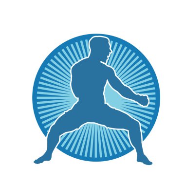 Hareketli erkek kickboksör atletinin silueti. Tekme atan bir adamın silueti..