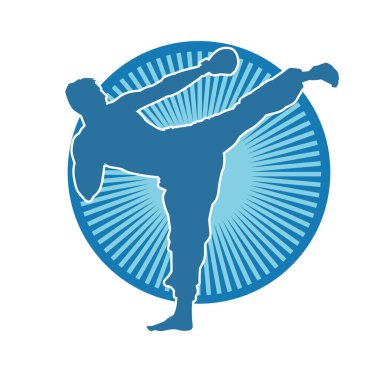 Dövüş sanatları pozu veren bir erkeğin silueti. Dövüş sanatları ustasının silueti tekme atma pozu veriyor..