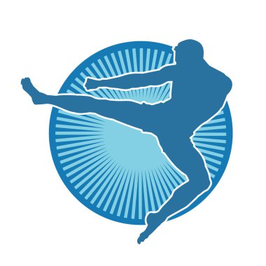 Hareketli erkek kickboksör atletinin silueti. Tekme atan bir adamın silueti..