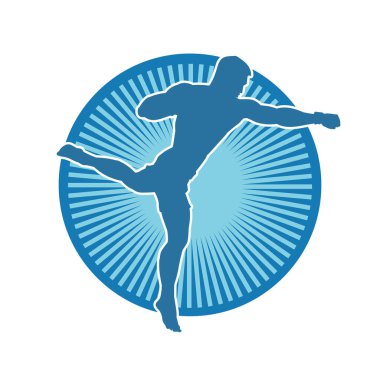 Hareketli erkek kickboksör atletinin silueti. Tekme atan bir adamın silueti..