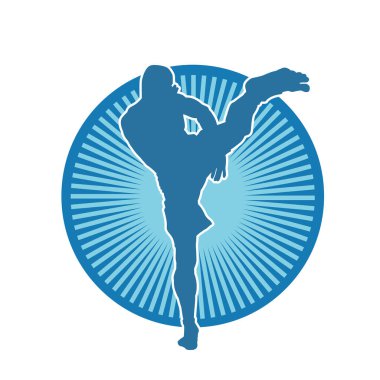 Hareketli erkek kickboksör atletinin silueti. Tekme atan bir adamın silueti..