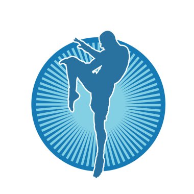 Hareketli erkek kickboksör atletinin silueti. Tekme atan bir adamın silueti..