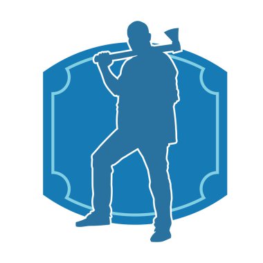 Balta taşıyan bir adamın silüeti. Balta taşıyan erkek bir oduncunun silueti..