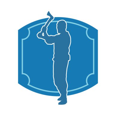 Balta taşıyan bir adamın silüeti. Balta taşıyan erkek bir oduncunun silueti..