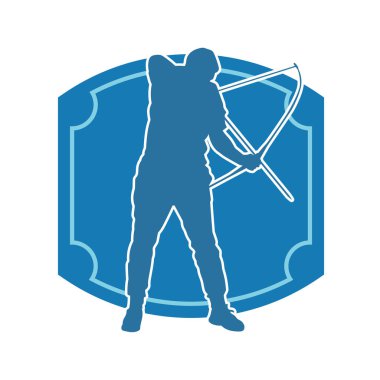 Hareketli erkek okçu savaşçısının silueti. Okçuluk silahı taşıyan bir adamın silueti..