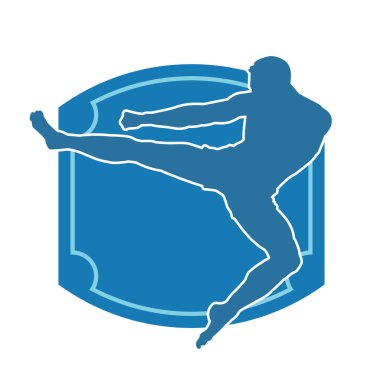 Hareketli erkek kickboksör atletinin silueti. Tekme atan bir adamın silueti..