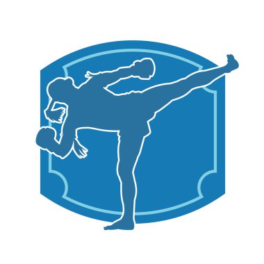 Hareketli erkek kickboksör atletinin silueti. Tekme atan bir adamın silueti..