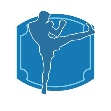 Hareketli erkek kickboksör atletinin silueti. Tekme atan bir adamın silueti..