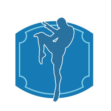 Hareketli erkek kickboksör atletinin silueti. Tekme atan bir adamın silueti..