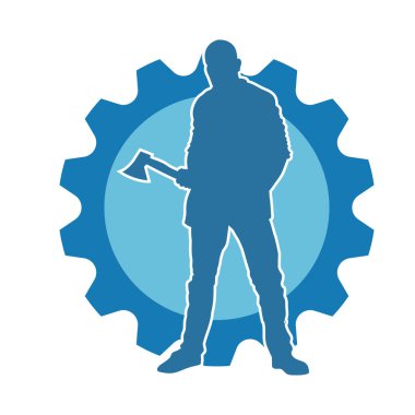 Balta taşıyan bir adamın silüeti. Balta taşıyan erkek bir oduncunun silueti..