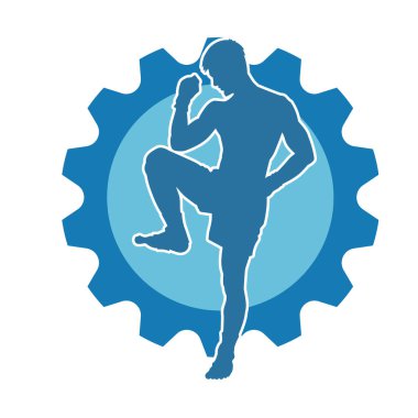 Hareketli erkek kickboksör atletinin silueti. Tekme atan bir adamın silueti..