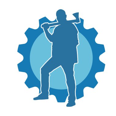 Balta taşıyan bir adamın silüeti. Balta taşıyan erkek bir oduncunun silueti..