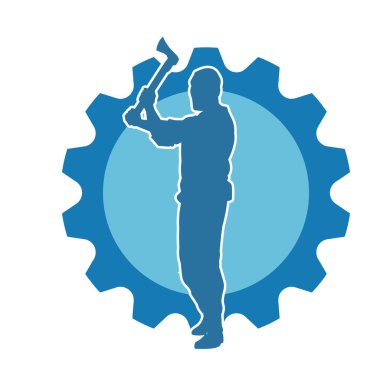 Balta taşıyan bir adamın silüeti. Balta taşıyan erkek bir oduncunun silueti..