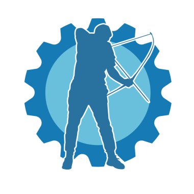 Hareketli erkek okçu savaşçısının silueti. Okçuluk silahı taşıyan bir adamın silueti..