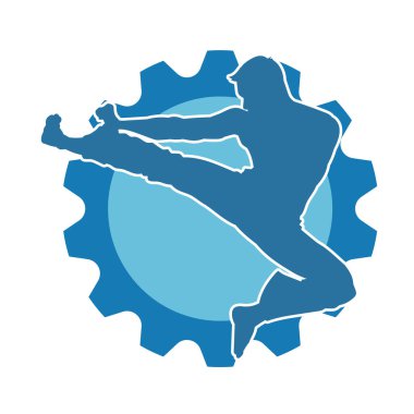 Dövüş sanatları pozu veren bir erkeğin silueti. Dövüş sanatları ustasının silueti tekme atma pozu veriyor..