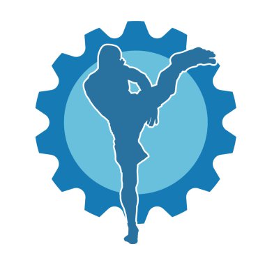 Hareketli erkek kickboksör atletinin silueti. Tekme atan bir adamın silueti..