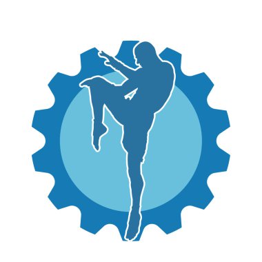 Hareketli erkek kickboksör atletinin silueti. Tekme atan bir adamın silueti..