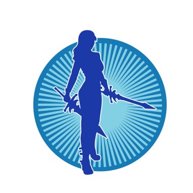 Bir kadın dövüşçünün silueti kılıç taşırken poz veriyor..