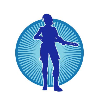 Uzun namlulu tüfek taşıyan bir kadın savaşçının silüeti. Silah taşıyan bir kadın dövüşçünün silueti.