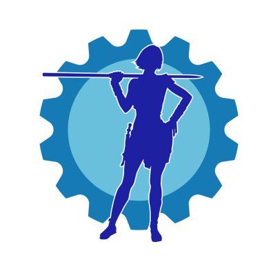 İnce bir kadın dövüşçünün silueti asa silahıyla ayakta duruyor. İnce bir kadın savaşçı silueti sopa tabancası taşıyor..