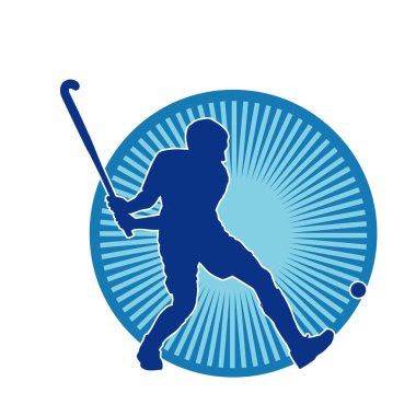Erkek çim hokeyi atletinin silueti iş başında. Çim hokeyi oynayan bir adamın silueti..