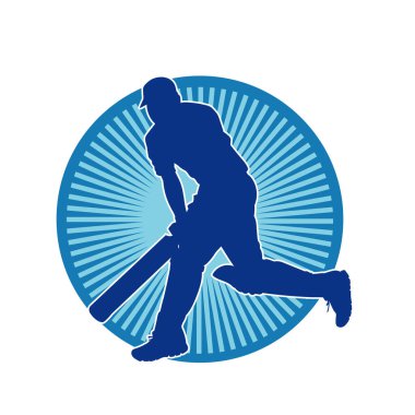 Hareketli bir erkek kriket oyuncusunun silueti. Kriket oynayan bir adamın silueti..