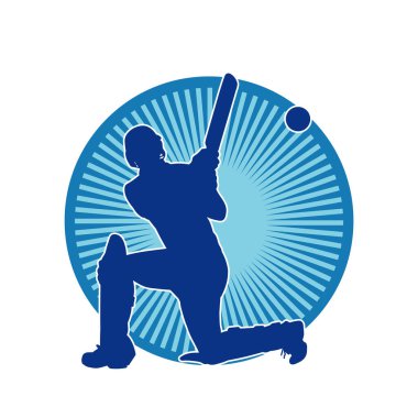 Hareketli bir erkek kriket oyuncusunun silueti. Kriket oynayan bir adamın silueti..