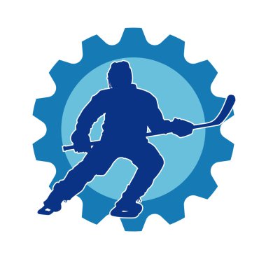 Kasklı ve üniformalı bir buz hokeyi oyuncusunun silueti.