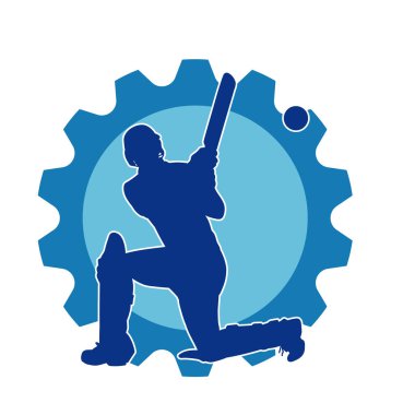 Hareketli bir erkek kriket oyuncusunun silueti. Kriket oynayan bir adamın silueti..