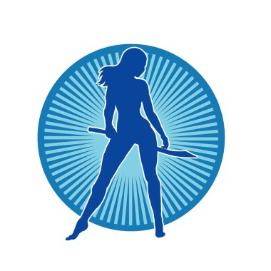 Kadın savaşçıların silueti kılıç taşıyor. Kılıçlı bir kadın dövüşçünün silueti..