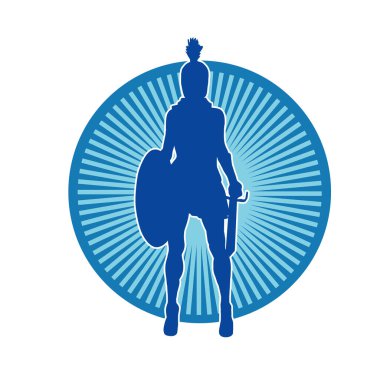 Savaş zırhlı bir kadın savaşçının silueti. Kılıç ve demir kalkan taşıyor..