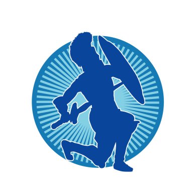 Savaş zırhlı bir erkek savaşçının silueti. Kılıç ve demir kalkan taşıyor..