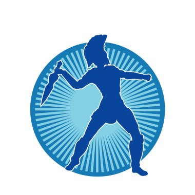 Zırhlı bir kadın savaşçının silueti kılıçla poz veriyor.