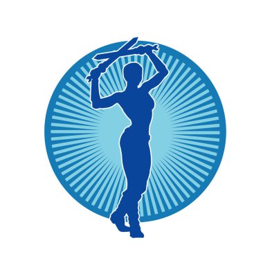 Kadın savaşçıların silueti kılıç taşıyor. Kılıçlı bir kadın dövüşçünün silueti..